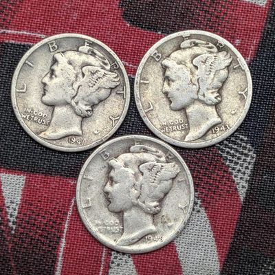 Sale Photo Thumbnail #249: 1941-D, 1943-D, & 1945-D Mercury 90% Silver Dimes