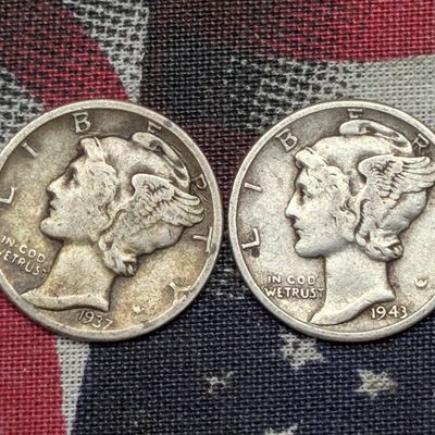 Sale Photo Thumbnail #346: 1937-P & 1943-P Mercury 90% Silver Dimes