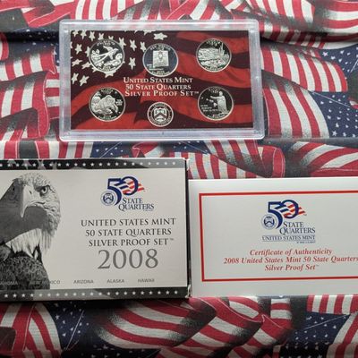 Sale Photo Thumbnail #399: 2008-S US Mint 50 State Quarters 90% Silver 5-Coin Proof Set with OGP and COA