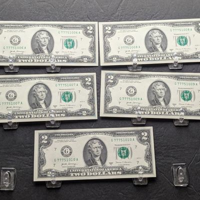 Sale Photo Thumbnail #264: (5) 2017 A Series $2 Bills W/ Consecutive Serial Numbers - LUCKY SEVENS