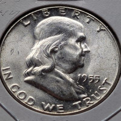 Sale Photo Thumbnail #395: 1955-P Franklin Half Dollar - "Bugs Bunny" Die Clash Variety, 90% Silver