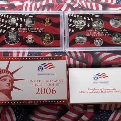 Sale Photo Thumbnail #390: 2006-S US Mint Silver Proof 10-Coin Set with State Quarters and Sacagawea Dollar in OGP and COA - Contains (7) 90% Silver Coins