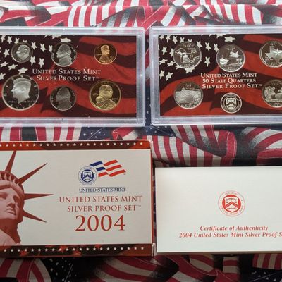 Sale Photo Thumbnail #376: 2004-S U.S. Mint Silver Proof 11-Coin Set with State Quarters, Sacagawea Dollar and Keel Boat Jefferson Nickel in OGP and COA - Contains (7) 90% Silver Coins