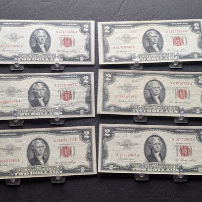 Sale Photo Thumbnail #30: (6) 1953 US $2 United States Notes - Red Seals