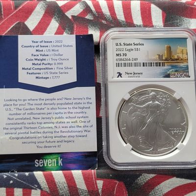 Sale Photo Thumbnail #356: 2022 American Silver Eagle 1 Troy Oz. .999 Silver NGC MS70 - State Series - New Jersey - 47 of 50