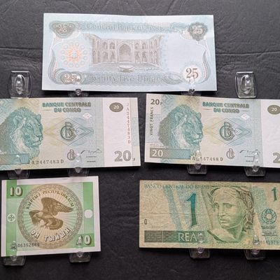 Sale Photo Thumbnail #140: 1990 West Asia 25 Dinars, (2) 2003 Congo 20 Francs, 1993 Kyrgyzstan 10 Tyiyn, and Brazil 1 Real Banknotes