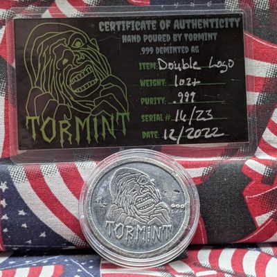 Sale Photo Thumbnail #422: 2022 Tormint Double Logo Hand Poured .999 Fine Silver 1 Troy Oz Round - Serial #16/23, with COA