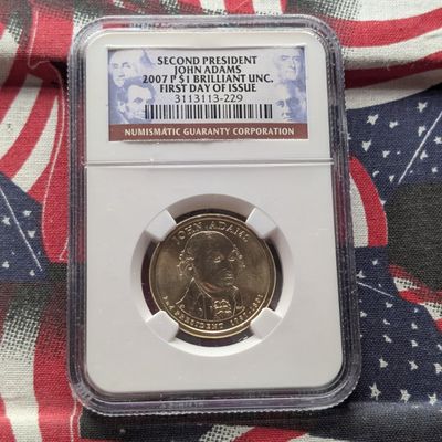 Sale Photo Thumbnail #166: 2007-P $1 Brilliant Uncirculated - First Day of Issue - Second President John Adams - NGC Coin