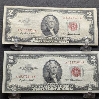 Sale Photo Thumbnail #25: (2) 1953-A US $2 Red Seal Legal Tender Notes