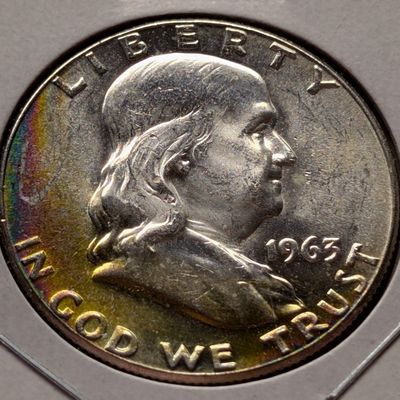 Sale Photo Thumbnail #398: 1963-P Franklin Half Dollar, 90% Silver - Obverse Rainbow Toning
