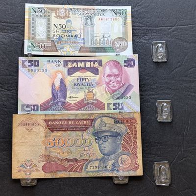 Sale Photo Thumbnail #130: (3) 1991 East Africa, Zambia, and Zaire Banknotes