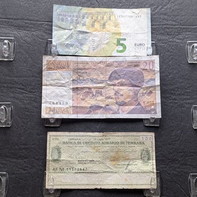 Sale Photo Thumbnail #229: 2013 Europa Series 5 Euro, 1993 France 20 Francs, and 1977 Italy 100 Lire Currency