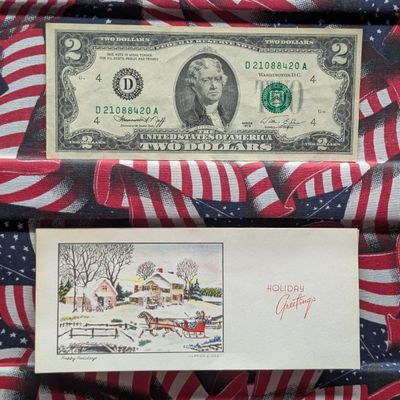Sale Photo Thumbnail #216: 1976 $2 U.S. Bank Note In A Holiday Card
