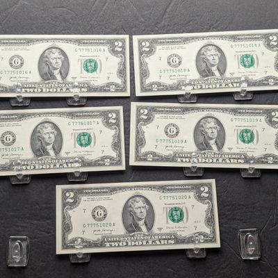 Sale Photo Thumbnail #208: (5) 2017 A Series $2 Bills W/ Consecutive Serial Numbers - LUCKY SEVENS