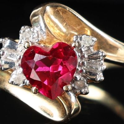 Sale Photo Thumbnail #410: 14K YELLOW GOLD LADIES RING W/ HEART RUBY & DIAS