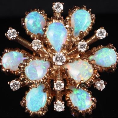 Sale Photo Thumbnail #214: HEAVY 14K GOLD OPAL NATURAL DIAMOND LADIES RING