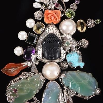 Sale Photo Thumbnail #145: MASSIVE STERLING SILVER PENDANT BUDDHA JADE PEARLS