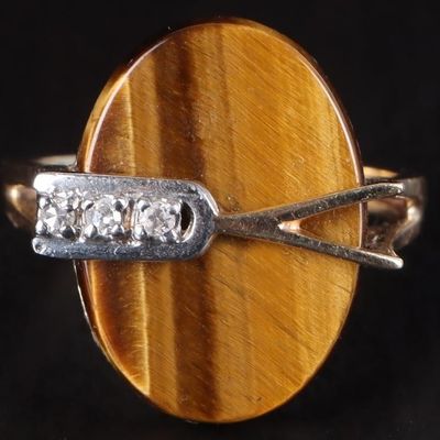 Sale Photo Thumbnail #153: 10K YELLOW GOLD LADIES RING W/ TIGERS EYE & DIAS