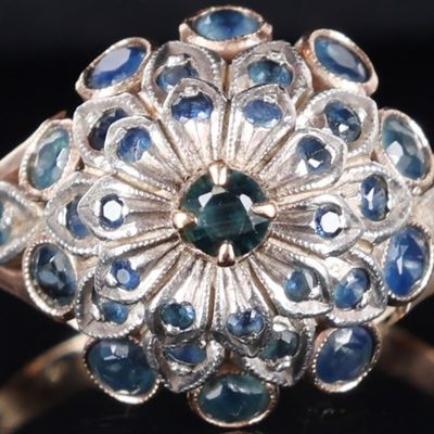 Sale Photo Thumbnail #233: 8K YELLOW/WHITE GOLD LADIES FLORAL RING W SAPPHIRE