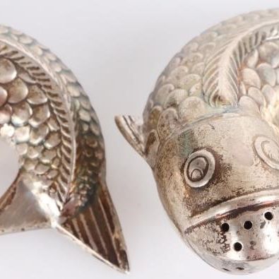 Sale Photo Thumbnail #428: ANTIQUE STERLING SILVER DANISH FISH S/P SHAKERS