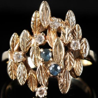 Sale Photo Thumbnail #365: 14K YELLOW GOLD DIAMOND SAPPHIRE LEAF LADIES RING