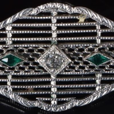Sale Photo Thumbnail #3: ANTIQUE FILIGREE 10K WHITE GOLD CZ LADIES  PIN