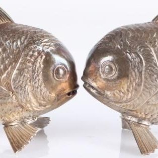 Sale Photo Thumbnail #239: ANTIQUE STERLING SILVER KOI SALT & PEPPER SHAKERS