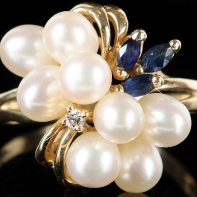 Sale Photo Thumbnail #292: 14K YELLOW GOLD DIAMOND SAPPHIRE PEARL LADIES RING