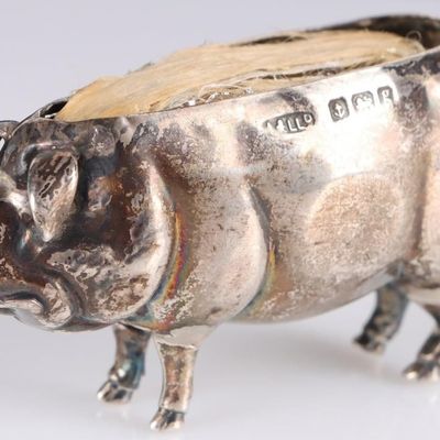 Sale Photo Thumbnail #441: ANTIQUE STERLING SILVER BRITISH PIG PIN CUSHION