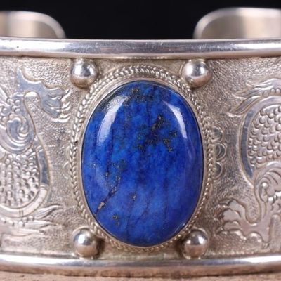 Sale Photo Thumbnail #452: STERLING SILVER & BLUE LAPIS WIDE CUFF BRACELET