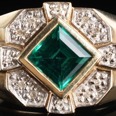 Sale Photo Thumbnail #431: 10K YELOW GOLD EMERALD & DIAMOND MENS RING