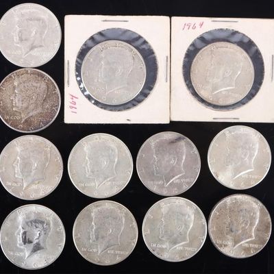 Sale Photo Thumbnail #303: ASSORTED 90% SILVER KENNEDY HALF DOLLARS - (12)
