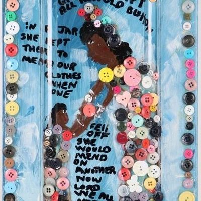 Sale Photo Thumbnail #44: MARY L. PROCTOR "GRANDMA'S BUTTON" OIL ON DOOR