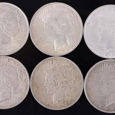 Sale Photo Thumbnail #422: ASSORTED 90% SILVER LIBERTY PEACE DOLLARS - (6)