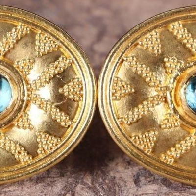 Sale Photo Thumbnail #203: 18K YELLOW GOLD MEDIEVAL REVIVAL EARRINGS W/ AQUA