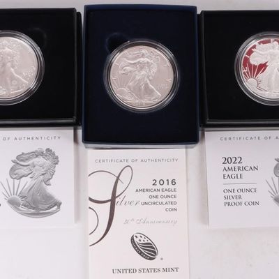Sale Photo Thumbnail #167: FINE SILVER AMERICAN EAGLES BOXED W/ COA - (3)