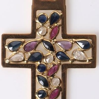 Sale Photo Thumbnail #321: 18K YELLOW GOLD CROSS PENDANT W/ RUBIES SAPPHIRE
