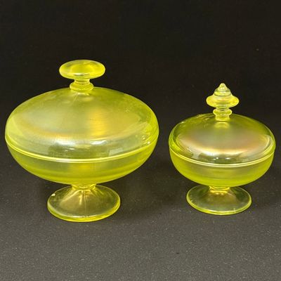 Sale Photo Thumbnail #309: Two Fenton Vaseline covered jars