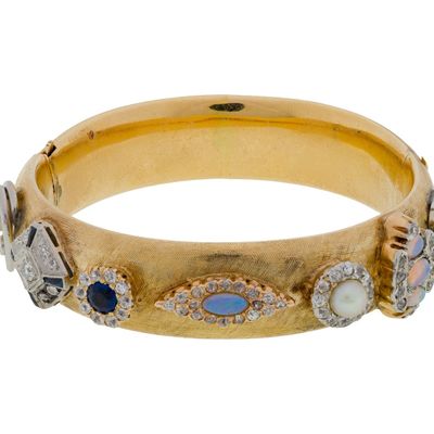 Sale Photo Thumbnail #335: Rine 14k Yellow Gold and Gemstone Hinged Bangle Bracelet