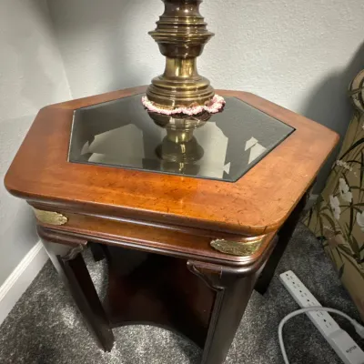 Hexagon shape wood side table with glass top
