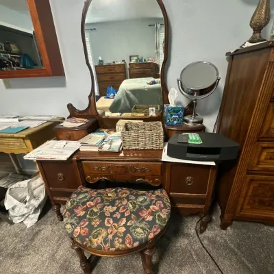 Vintage vanity table with mirror and stool