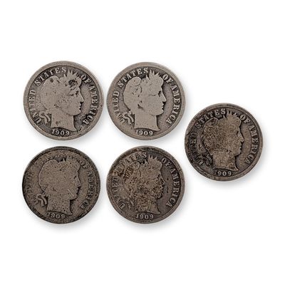 5pc 1909, 1909-O US Barber Silver Dime Coins