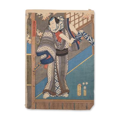 Utagawa Kunisada (Toyokuni III) (Japanese, 1786-1865) Kabuki Actor on a Veranda Woodcut