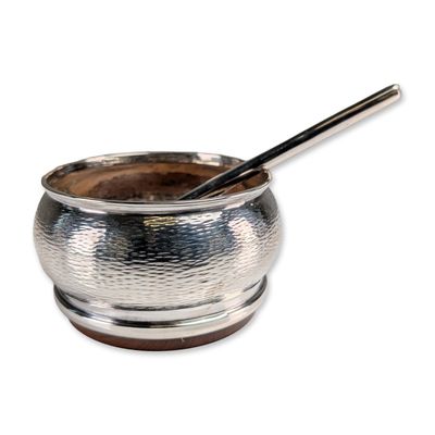 Modernist Solid Silver and Wood Salt Cellar with Ladle