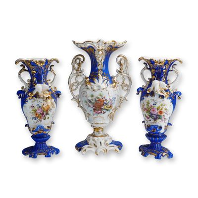 3pc Jacob Petit Blue and White Gilded Floral Art Vases