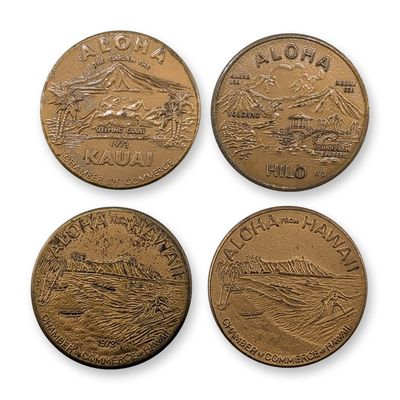 4pc 1973 & 1976 Hawaii Chamber of Commerce Brass Souvenir Dollars