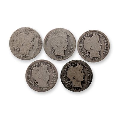 5pc 1906 & 1906-D US Barber Silver Dime Coins