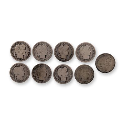 9pc 1915, 1915-S US Barber Silver Dime Coins