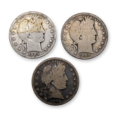 3pc 1899, 1900, 1905 US Barber Silver Half Dollar Coins