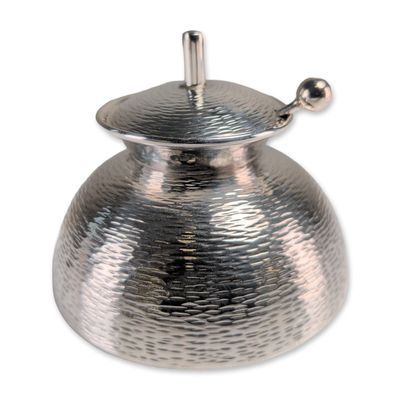 Modernist Solid Silver Martele Lidded Sugar Bowl with Spoon